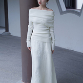 彼得潘大叔 雪落牡丹亭 针织刺绣一字肩订婚领证上衣半裙套装