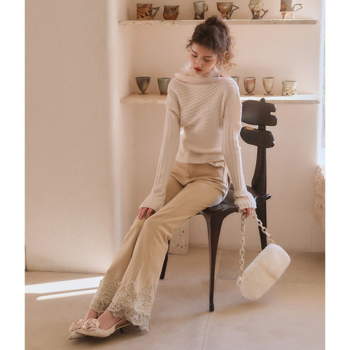 彼得潘大叔《都市星期日》毛条飘带亲肤针织衫修身蕾丝边加绒长裤