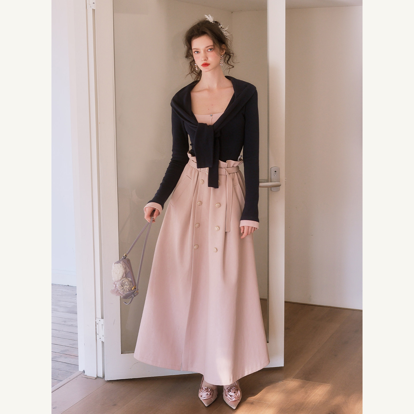 彼得潘大叔《希黎粉镜》学院风飘带领口上衣木耳边腰头半裙套装,女装/女士精品,时尚套装,淘宝优惠券,粉丝福利购,淘宝优惠卷