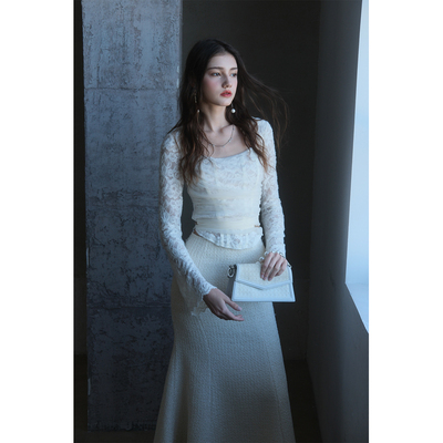 彼得潘大叔《银座丝语》法式鱼骨线修身蕾丝上衣舒适后拉链半裙