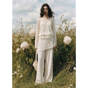 觉夏 子长裤 法式 裤 镂空腰间系带上衣舒适斜帘设计款 彼得潘大叔