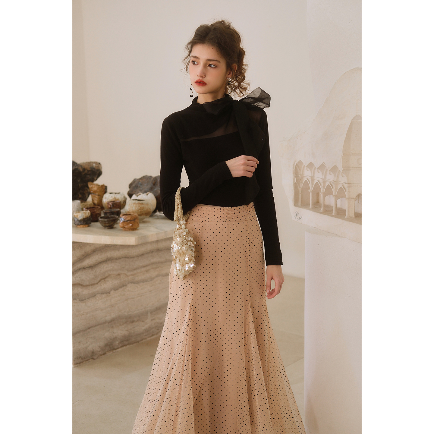 彼得潘大叔《波尔多甜梦》飘带修身舒适上衣波点内里毛绒优雅半裙