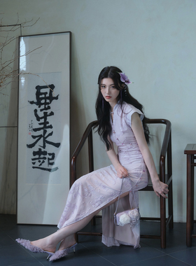 彼得潘大叔《忽晚-紫色》新中式植绒优雅东方女人旗袍裙连衣裙