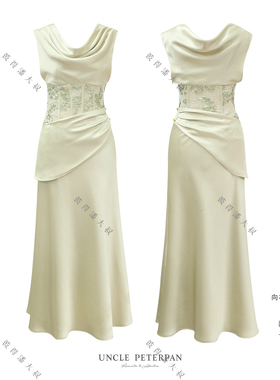 彼得潘大叔《绿萝焉》法式小荡领设计鱼骨线修身显瘦气质连衣裙