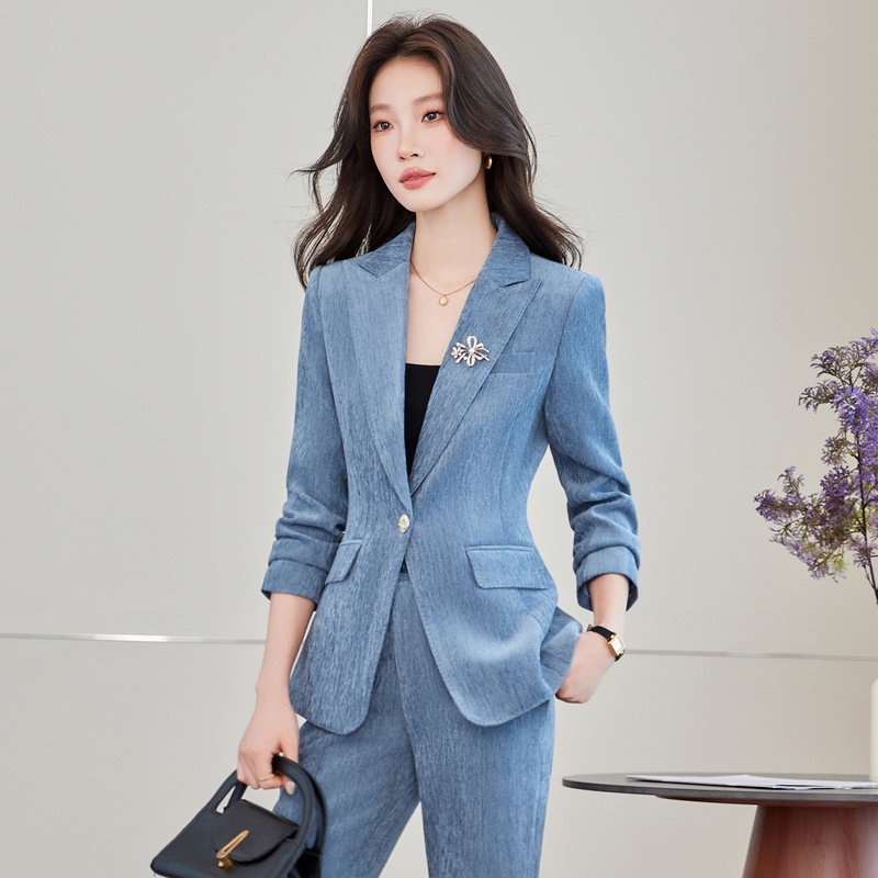 高端雪尼尔西服职业女裤套装女秋冬西装外套+微喇叭西装裤两件套