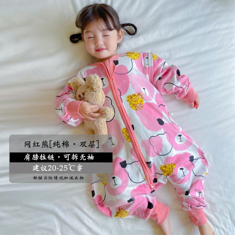 宝宝睡袋纯棉双层春秋卡通婴幼儿可拆袖哈衣5防踢被儿童连体睡衣9