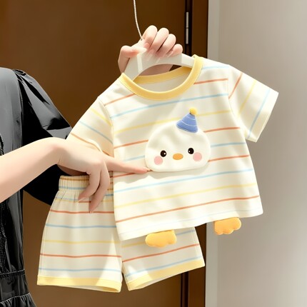 儿童夏季条纹萌鸭立体可爱短袖短裤套装亲子家男女童卡通两件套潮
