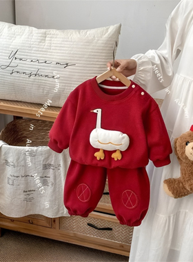 男女童秋冬季周岁红色卡通卫衣套装婴幼儿童宝宝新年拜年服两件套
