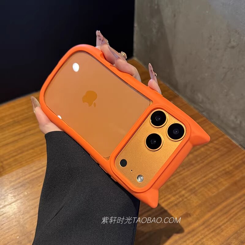 ins风创意立体猫耳朵适用苹果17promax手机壳iPhone17pro活力橙色16pro亚克力15全包防摔14/13mini透明高级感