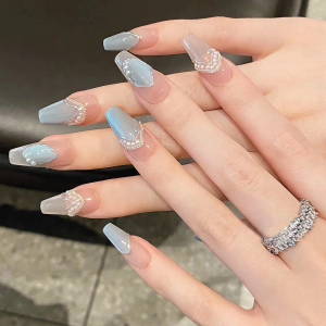NANA穿戴甲高级感冰透轻奢夏日巴洛克蓝手工定制美甲成品新娘辣妹