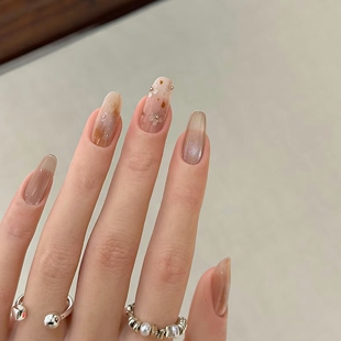 秋日琥珀冰花纯手工穿戴甲复古手绘晕染百搭显白中长款假指甲贴片