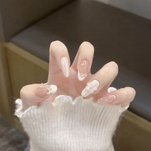 高级感温柔千金美甲婚甲 蝴蝶结波点少女纯手工穿戴甲2025夏日新款