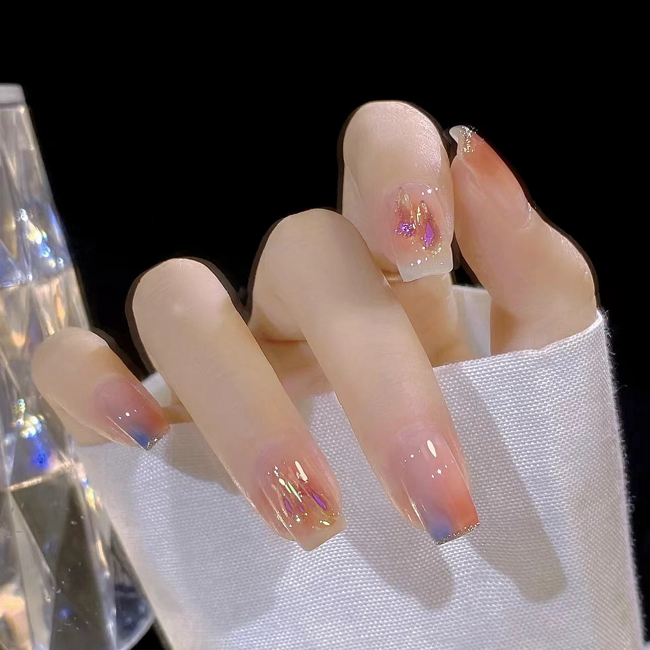 nana穿戴甲橙蓝双色渐变高级感手工定制温柔清透美甲成品指甲贴片