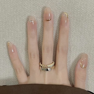 冰透香槟美钻纯手工穿戴甲高级感裸色法式短款高级感美甲成品春日