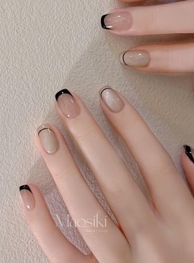 黑色线条法式美甲法式黑边经典简单纯手工光疗穿戴甲高级美甲贴片