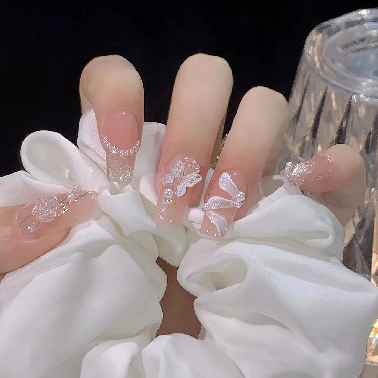 nana穿戴甲气质显白冰透飘带山茶花手工定制新娘辣妹婚甲美甲成品