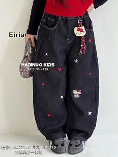 儿童老爹裤 加厚弯刀裤 一体绒中大童秋冬新款 哈比诺女童加绒牛仔裤