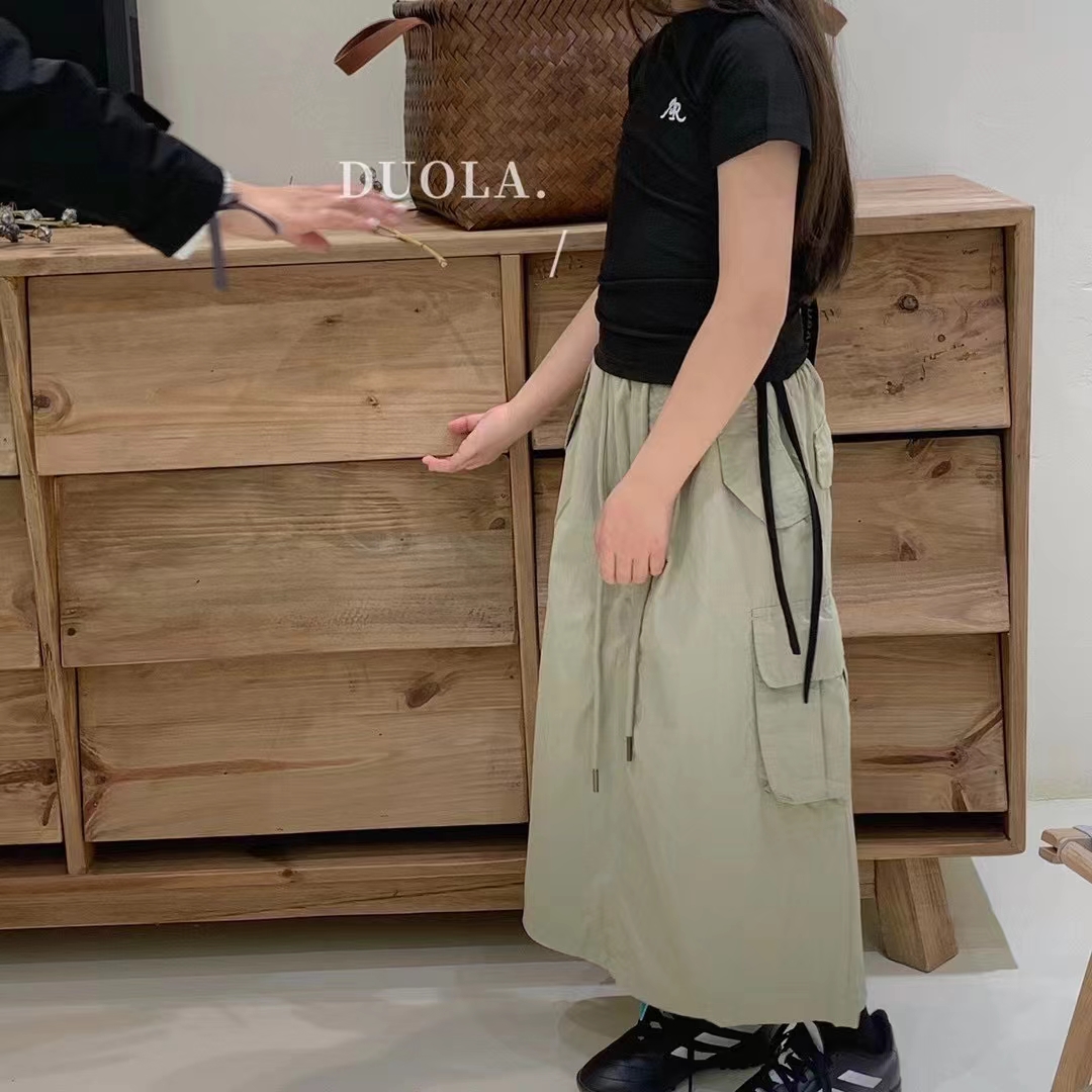 女童工装裙夏款抽绳中长款开叉裙中大童韩版休闲运动半身裙A字裙
