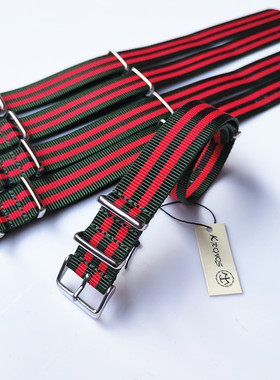 18mm20mm22mm NATO 北约帆布尼龙表带 户外绿间双红色 方形扣薄款