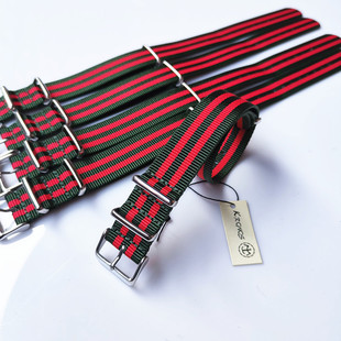 18mm20mm22mm NATO 北约帆布尼龙表带 户外绿间双红色 方形扣薄款