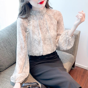 蕾丝衫雪纺衫套头灯笼袖气质小衫纱衣上衣立领衬衣衬衫内搭外穿冬