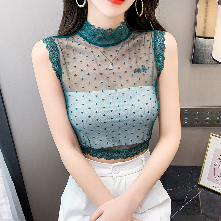 弹力修身蕾丝打底假领子半高领短款无袖蕾丝衫内外搭性感透视女秋
