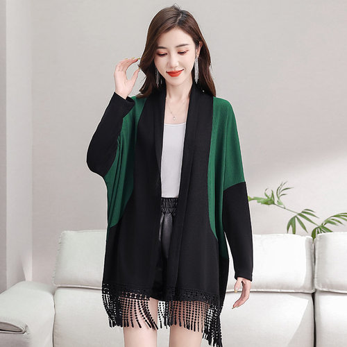 春秋新款开衫针织披肩时尚拼接外搭配旗袍裙子的外套上衣流苏外搭