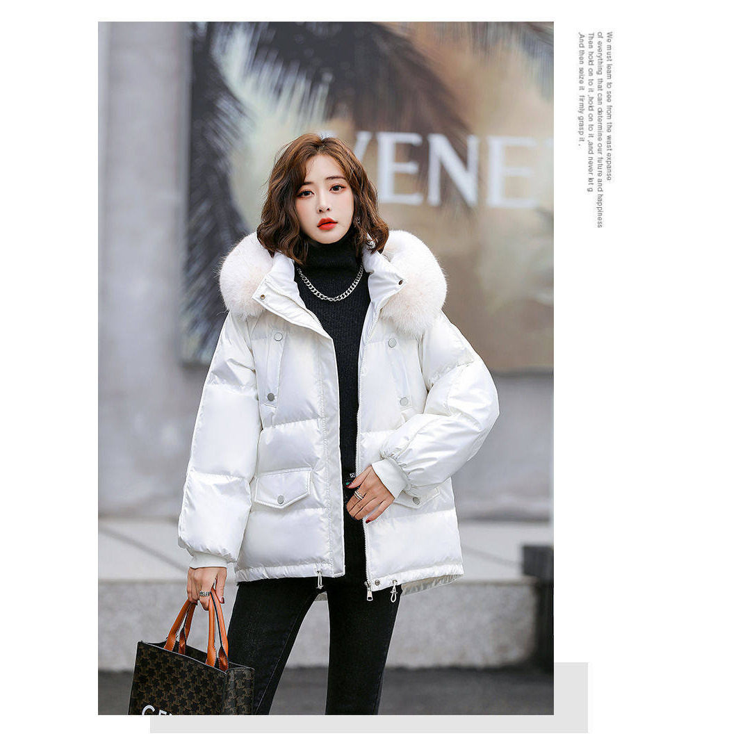 大毛领白鸭绒服亮面羽绒服女短款免洗棉服时尚宽松厚外套棉衣棉袄