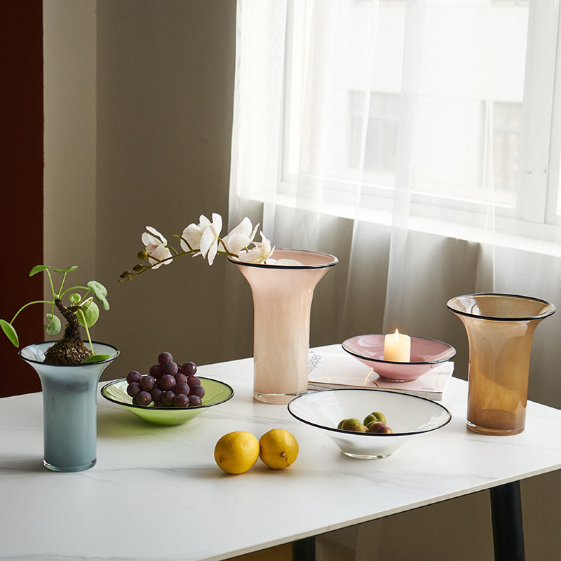 北欧风瓷粉黑边敞口花瓶鲜花餐桌电视柜简约创意手工家用玻璃果盘,商务/设计服务,礼品/工艺品/饰品设计,淘宝优惠券,粉丝福利购,淘宝优惠卷