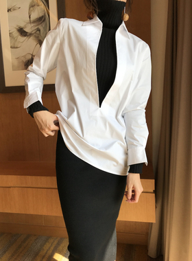 MAGGIE HAN秋季新款大V领套头极简衬衣宽松百搭可叠穿白色衬衫女