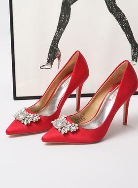 【35-39 断码福利】婚鞋红色真丝水钻水晶鞋尖头细跟高跟鞋单鞋女