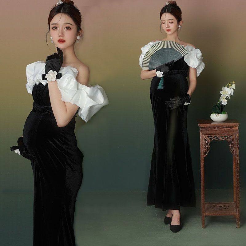 影楼新款孕妇照礼服高级展会风丝绒修身礼服孕妈咪摄影写真服装