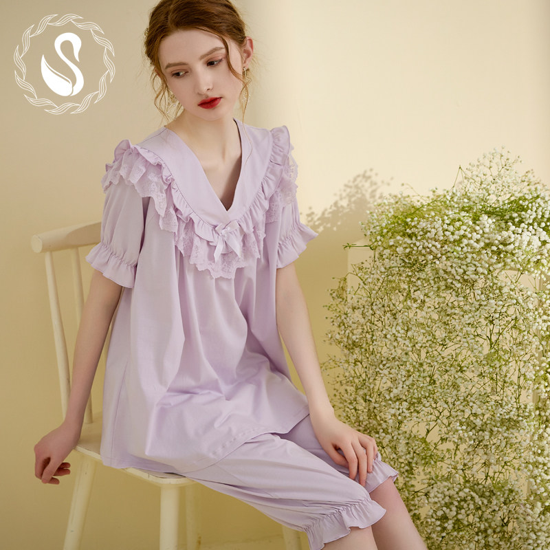 天鹅云夏季法式甜美少女温柔风花边睡衣套装短袖小个子宽松家居服
