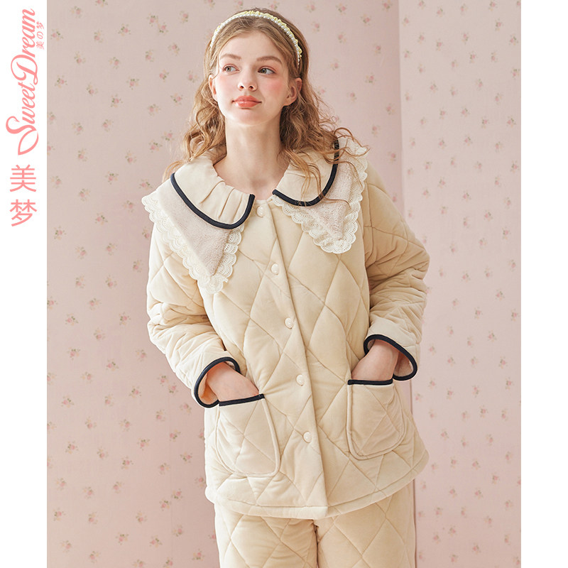 美梦冬季三层加绒加厚夹棉可爱花边少女娃娃领家居服保暖睡衣套装