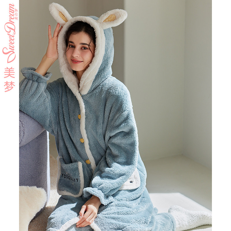 美梦【商场同款】秋冬季可爱居家卡通少女加厚保暖珊瑚绒睡袍套装
