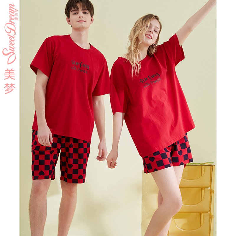 美梦2022年夏季新款情侣红色睡衣新娘结婚短袖短裤家居服男女套装
