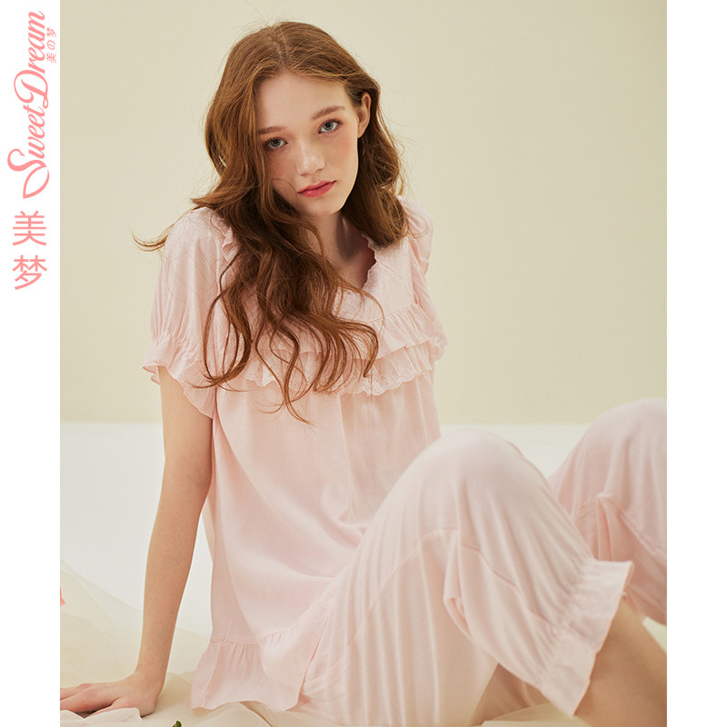美梦夏季新款甜美法式花边睡衣套装短袖小个子可爱女生宽松家居服