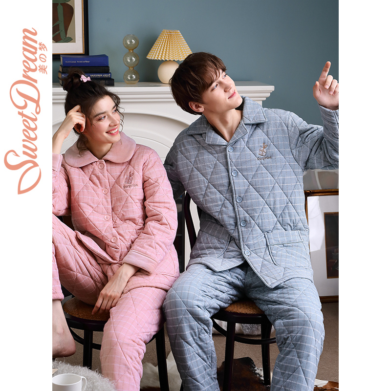 美梦冬季情侣针织夹棉睡衣女秋冬款三层加厚保暖男大码外穿家居服