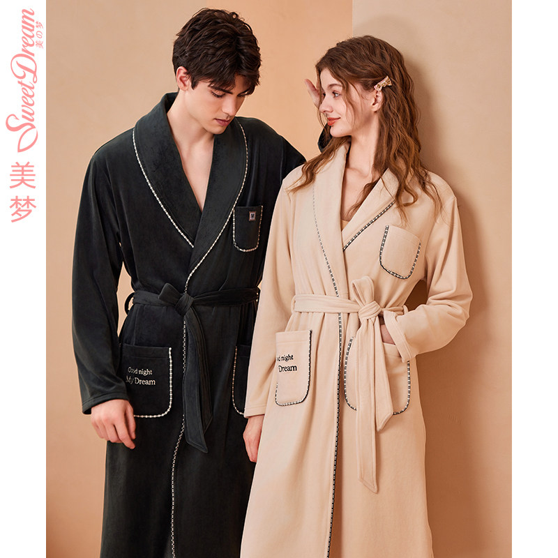 美梦2023秋冬季海岛绒情侣睡袍开衫宽松加绒女睡衣法兰绒男款晨袍