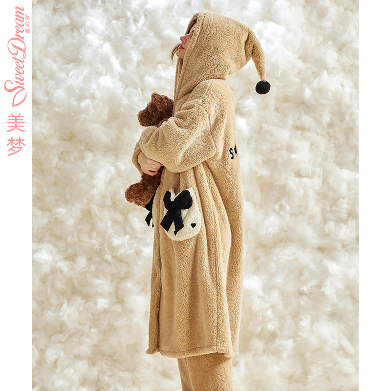 美梦秋冬可爱少女连帽珊瑚绒睡袍睡裤两件套装宽松加绒加厚家居服