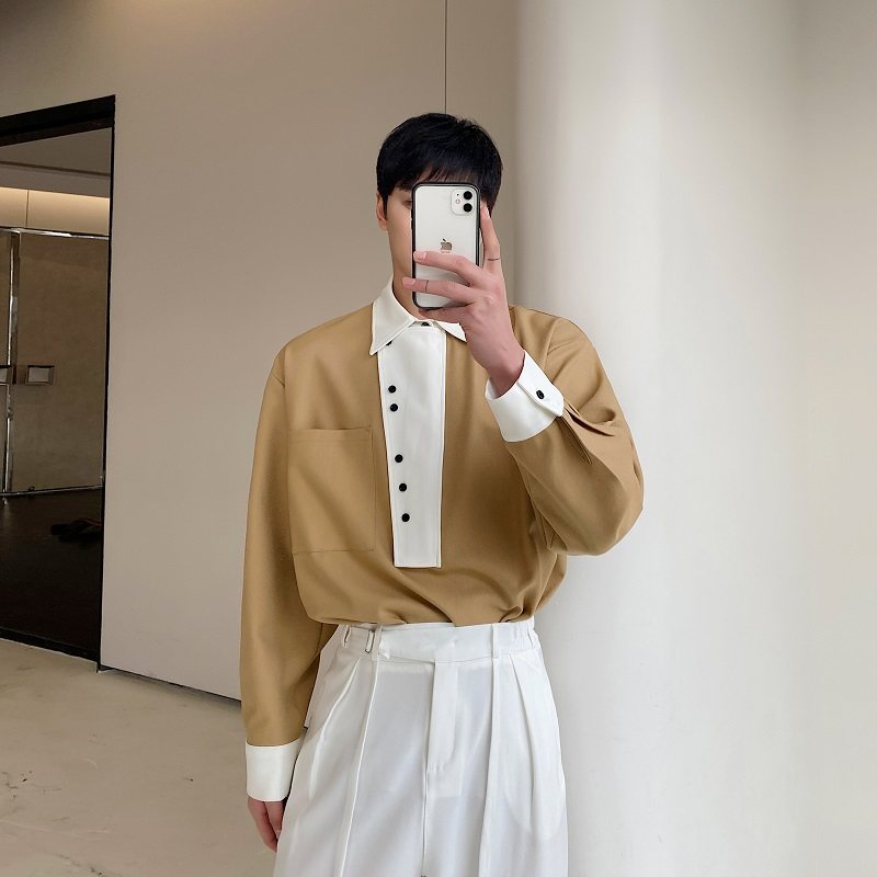 春季新款翻领撞色套头休闲宽松长袖衬衣韩版简约复古衬衫204P90,男装衬衫,星座901-1（原C217）