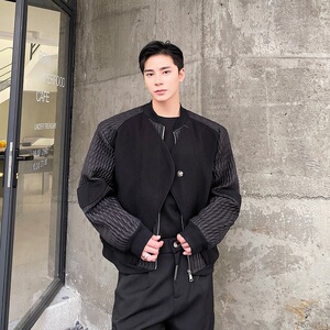 冬季个性立体绗缝毛呢拼接短款棒球领男棉衣外套潮流痞帅131P155图片