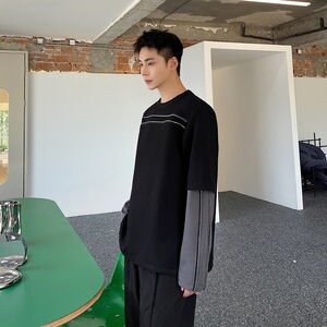 秋季新款潮流撞色拉链设计圆领长袖男卫衣T恤百搭休闲上衣169P85图片