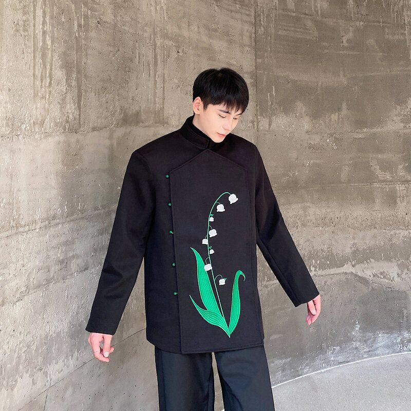 冬季新中式加厚毛呢立领西服外套潮流风刺绣铃兰禅意192P165,男装西服,星座901-1（原C217）