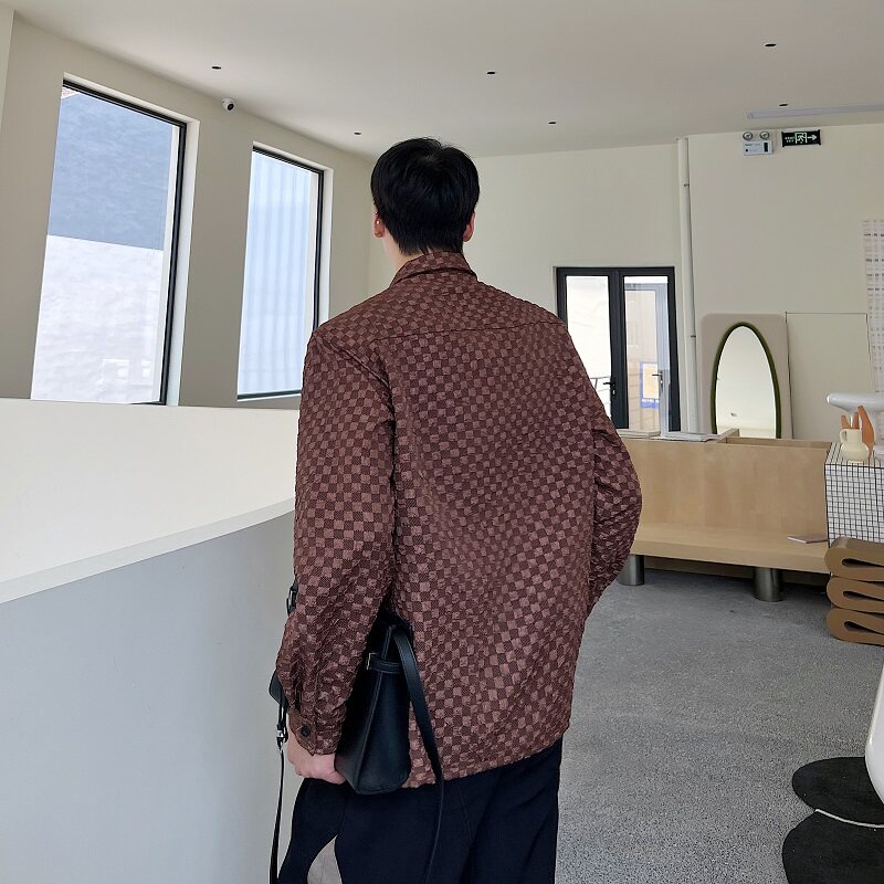春季个性定制提花肌理格纹翻领拉链长袖宽垫肩男衬衣潮流102P80,男装衬衫,星座901-1（原C217）