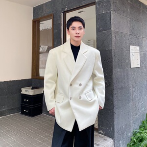 秋冬加厚斜纹毛呢翻领西服外套韩版阔型纯色呢子大衣雅痞181P155图片
