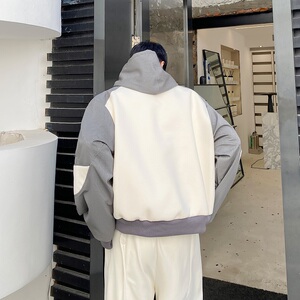 初春个性连帽套头男卫衣撞色毛呢垫肩韩版上衣皮衣137P145图片