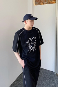 夏季潮流印花圆领短袖T恤套装韩版休闲长裤雅痞时髦两件套150P145图片