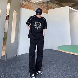 夏季潮流印花圆领短袖T恤套装韩版休闲长裤雅痞时髦两件套150P145图片