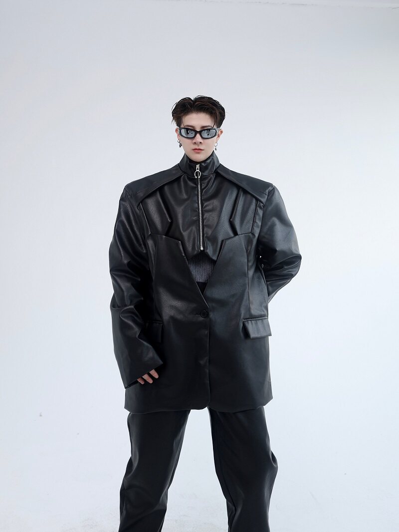 春季薄款皮衣男立领拼接潮流男皮衣外套时髦个性痞帅西服121P155,男装皮衣,星座901-1（原C217）